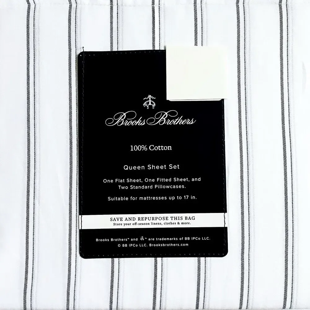 NEW Brooks Brothers 100% Cotton Sheet Set - White Black Gray Stripe, Queen Size